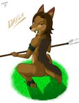  2014 anthro armband biped black_nose brown_eyes brown_fur brown_hair butt canine crouching dayla_(fidchell) eyebrows eyelashes female fidchell full-length_portrait fur grass hair half-closed_eyes holding_object holding_weapon humanoid_hands inner_ear_fluff jackal looking_at_viewer mammal melee_weapon nude plantigrade polearm portrait rear_view shadow short_hair signature simple_background snout solo spear weapon 