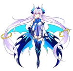  absurdly_long_hair absurdres armor armored_boots blue_bow blue_footwear blue_legwear blue_neckwear blue_wings boots bow bowtie chain detached_sleeves elsword eyebrows_visible_through_hair floating_hair frith_(ya) full_body hair_between_eyes hair_ornament highres long_hair looking_at_viewer luciela_r._sourcream noblesse_(elsword) pointy_ears silver_hair simple_background solo thigh_boots thighhighs twintails very_long_hair white_background wings 