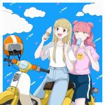  2girls :d blonde_hair blue_pants blue_shorts brown_eyes cloud commentary_request day denim double_bun earrings food hair_bun hand_up heart heart_earrings helmet highres honda_super_cub ice_cream index_finger_raised jeans jewelry long_hair multiple_girls osage_gankyou outdoors pants pink_shirt popsicle seihantai_na_kimi_to_boku shirt short_sleeves shorts smile suzuki_miyu unworn_headwear unworn_helmet watanabe_manami white_shirt yellow_eyes 