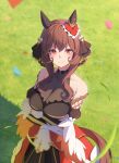  1girl absurdres animal_ears astra_chichi bare_shoulders blush braid braided_hair_rings breasts brown_hair cleavage closed_mouth collarbone commentary confetti corset detached_sleeves dress ear_covers ear_ornament gentildonna_(regina_dei_fiori)_(umamusume) gentildonna_(umamusume) gloves hair_between_eyes hair_ornament hair_rings heart-shaped_ornament heart_ear_ornament highres horse_ears horse_girl horse_tail large_breasts long_hair looking_at_viewer outdoors red_corset red_eyes see-through_cleavage see-through_clothes smile solo tail umamusume white_gloves 