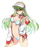  ass_visible_through_thighs bangs bikini breasts c.c. cleavage code_geass collarbone cowboy_shot creayus detached_collar eyebrows_visible_through_hair gem green_hair hair_twirling hand_on_own_thigh hat jacket legs_apart long_hair long_sleeves looking_at_viewer medium_breasts navel open_clothes open_jacket scar side-tie_bikini simple_background sketch solo standing stomach striped swimsuit track_jacket tsurime vertical-striped_bikini vertical_stripes very_long_hair visor_cap white_background white_jacket yellow_eyes 