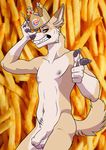  2017 anthro balls brown_eyes brown_fur burger_king canine claws crown dingo flaccid fur grin humanoid_penis kokopelli-kid male mammal navel nipples nude penis photo_background smile solo standing tan_fur uncut white_fur 