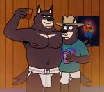 anthro armpit_hair beverage black_body black_fur black_hair black_nose blue_bottomwear blue_clothing blue_pants body_hair bottomwear briefs briefs_only brother_(lore) brothers_(lore) bulge clothed clothing cowboy_hat duo eddicus edgar_(eddicus) facial_hair fur green_clothing green_shirt green_t-shirt green_topwear hair hat headgear headwear hi_res holding_beverage holding_object inside jockstrap jockstrap_only joel_(eddicus) macropod male mammal marsupial monotone_briefs monotone_clothing monotone_underwear muscular muscular_male mustache navel nipples pants pantsless_male poster print_clothing print_shirt print_t-shirt print_topwear purple_drink_can red_clothing red_shirt red_tank_top red_topwear shirt sibling_(lore) t-shirt tan_body tan_fur tank_top tighty_whities topless topwear underwear underwear_only wall_(structure) white_briefs white_clothing white_underwear wood wood_wall