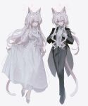  2girls :d akira_(blue_archive) alternate_costume alternate_hairstyle animal_ear_fluff animal_ears asymmetrical_bangs black_jacket black_pants black_shoes black_suit blue_archive bow bowtie bracelet buttons cat_ears cat_girl cat_tail coattails colored_eyelashes commentary_request crossdressing crossdressing_(ftm) crossed_legs curly_sidelocks dot_nose dress dress_pants dress_shirt dual_persona evening_gown formal_clothes full_body glitter glitter_dress gloves grey_background grin hair_ribbon half_updo halo high_heels highres holding_own_dress inagoinaire jacket jewelry long_dress long_hair long_sidelocks long_sleeves looking_at_viewer low_ponytail mole mole_under_eye multiple_girls necklace open_clothes open_jacket open_mouth opened_by_self pants partial_commentary pearl_bracelet pearl_necklace pink_eyes pink_halo ponytail puffy_sleeves pumps ribbon see-through_clothes see-through_sleeves shirt shoes sidelocks simple_background smile standing suit suit_jacket tail tailcoat three-quarter_sleeves traditional_bowtie very_long_hair vest waist_bow waistcoat white_bow white_bowtie white_dress white_eyelashes white_gloves white_hair white_ribbon white_shirt white_shoes white_vest 