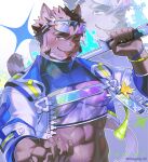  1boy abs absurdres animal_ears artist_name bara blush cat_boy cat_ears cat_tail commentary_request diffraction_spikes dooyong_9n eyewear_on_head fang fang_out furry furry_male highres holding holding_sword holding_weapon live_a_hero looking_at_viewer male_focus muscular muscular_male navel official_alternate_costume one_eye_closed over_shoulder pectorals smile sparkle sunglasses sword sword_over_shoulder tail thick_eyebrows tongue tongue_out tsuneaki_(live_a_hero) twitter_username upper_body weapon weapon_over_shoulder 