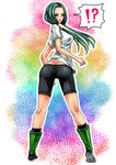  !? 1girl alternate_eye_color alternate_hair_color artist_request ass bike_shorts blush breasts butt_crack dragon_ball dragonball_z from_behind green_eyes green_hair hair_tubes leg_guard long_hair looking_at_viewer looking_back low_twintails matching_hair/eyes open_mouth shiny shiny_clothes shiny_hair shiny_skin shirt sideboob solo surprised twintails videl 