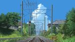  cloud commentary_request day fence grass house mac_naut no_humans original outdoors plant power_lines railroad_crossing railroad_signal railroad_tracks road_sign rural scenery sign sky summer telephone_pole tree vanishing_point 
