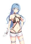  anchor belt blue_eyes blue_hair breasts eyebrows_visible_through_hair gloves grin hair_between_eyes halterneck hand_on_hip highres long_hair looking_at_viewer medium_breasts navel revealing_clothes short_shorts shorts smile solo sterett_(zhan_jian_shao_nyu) thigh_strap very_long_hair white_gloves white_shorts zhan_jian_shao_nyu zhudacaimiao 