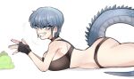  1girl black_choker black_gloves black_panties blue_eyes blue_hair breasts choker ear_piercing earrings face_piercing gloves jewelry large_breasts lip_piercing lizard_tail looking_at_viewer lying monster_girl oligogi_meoggosipda on_stomach panties piercing sharp_teeth short_hair smile tail tank_top teeth tomboy underwear white_background 
