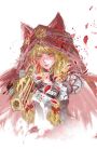  1girl absurdres aiming aiming_at_viewer animal_ear_hood animal_ears blonde_hair blood blood_on_face blood_on_weapon bow bracer braid brown_corset chinese_commentary cloak closed_mouth commentary_request corset cropped_torso determined dress fake_animal_ears freckles frilled_sleeves frills gun hair_bow hair_over_shoulder highres holding holding_gun holding_weapon hood hood_up hooded_cloak infinity_nikki juliet_sleeves light_blush light_smile lipstick long_hair long_sleeves makeup musket nikki_(series) orange_eyes petals puffy_sleeves red_bow red_cloak red_lips rose_petals san_wu_mao_liang scar scar_on_face she_is_wildfire_(infinity_nikki) simple_background sleeves_past_wrists solo twin_braids very_long_hair weapon white_background white_dress wolf_ears 