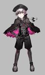  black bow braid capelet doll_joints fate/grand_order fate_(series) full_body genderswap genderswap_(ftm) gloves grey_background hat looking_at_viewer male_focus newo_(shinra-p) nursery_rhyme_(fate/extra) purple_eyes ribbon simple_background smile solo standing 