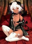  absurdres animal_ears bad_id bad_pixiv_id bikini bird_ears black_bikini black_choker black_jacket black_rock_shooter black_wings blush breasts choker commentary_request curtains dark_skin demon_tail derivative_work feng_yl fingernails full_body highres jacket long_sleeves looking_at_viewer medium_breasts no_shoes off_shoulder open_clothes open_jacket open_mouth parted_lips red_eyes short_hair sitting solo stained_glass strength_(black_rock_shooter) swimsuit tail tattoo thighhighs white_hair white_legwear window wings 