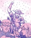  2boys absurdres arm_up celebration cowboy_hat english_text goggles goggles_on_headwear gyro_zeppeli hat highres horse jojo_no_kimyou_na_bouken lucy_steel lupethesmall multiple_boys steel_ball_run steven_steel valkyrie_(jojo) 