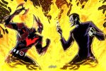  2boys animal_ears animal_print bat_ears bat_print batman batman_(series) batman_beyond batman_symbol belt black_bodysuit bodysuit dc_comics exposed_internal_machinery fighting_stance glowing_chest joker_(dc) multiple_boys superhero_costume terry_mcginnis utility_belt 