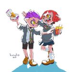  1girl bow chicken_nuggets food french_fries full_body highres inkling licking_lips mcdonald's necktie pink_hair purple_hair reaching school_uniform short_hair splatoon_(series) splatoon_2 standing tongue tongue_out yellow_eyes 