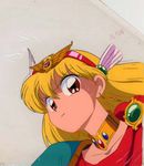  1girl akazukin_chacha blonde_hair brown_eyes cape closed_mouth collarbone earrings eyebrows_visible_through_hair female gem hair_between_eyes hairband head head_wings jewelry looking_at_viewer magical_princess neck neck_ring open_eyes red_cape serious solo sweat upper_body 