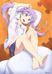  barefoot blue_panties blush breasts collarbone commentary_request feet flower groin hair_flower hair_ornament long_hair looking_at_viewer nakta new_game! open_mouth panties pillow purple_eyes purple_hair skirt small_breasts soles solo suzukaze_aoba sweat twintails underwear 