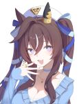  1girl animal_ears astra_chichi blue_choker blue_shirt blush breasts brown_hair casual choker cleavage collarbone commentary_request ear_covers hair_between_eyes hat heart heart_necklace highres horse_ears horse_girl jewelry large_breasts long_hair long_sleeves looking_at_viewer mole mole_under_eye multicolored_hair necklace open_mouth ring shirt single_ear_cover smile twintails umamusume upper_body vivlos_(casual)_(umamusume) vivlos_(umamusume) 