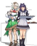  absurdres ascot baking_sheet blunt_bangs blush boots cecilia_immergreen cecilia_immergreen_(1st_costume) colored_inner_hair commentary cookie detached_collar detached_sleeves diamond_hairband doll_joints dress english_commentary food gradient_hair green_eyes green_hair grey_hair highres hololive hololive_english joints long_hair mixing_bowl mole mole_under_eye multicolored_hair multiple_girls ninomae_ina'nis open_mouth orange_hair pointy_ears purple_hair red_ascot rei_(_silvertone) short_hair sidelocks smile streaked_hair tentacle_hair two-tone_hair virtual_youtuber winding_key 