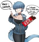  1girl black_choker black_gloves black_pants blue_eyes blue_hair blue_hoodie breasts chocolate choker ear_piercing earrings english_text face_piercing gloves highres hood hoodie jewelry kame-chan_(oligogi_meoggosipda) large_breasts lip_piercing lizard_tail looking_at_viewer monster_girl oligogi_meoggosipda original pants piercing sharp_teeth short_hair smile tail teeth throwing throwing_food tomboy underwear valentine white_background 