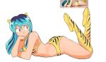  1girl animal_print bikini boots commentary cone_horns english_commentary evil_21_yt feet_up hand_on_own_chin highres horns long_hair lum lying on_stomach print_bikini print_boots reference_inset solo strapless swimsuit tiger_print tiger_print_bikini urusei_yatsura white_background yellow_bikini yellow_boots 