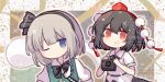  2girls :d black_bow black_bowtie black_hair black_hairband black_ribbon black_skirt blue_eyes bow bowtie camera chinese_commentary closed_mouth collared_shirt commentary_request fby1313133 green_vest grey_hair hairband hat holding holding_camera konpaku_youmu konpaku_youmu_(ghost) multiple_girls neck_ribbon one_eye_closed open_mouth pom_pom_(clothes) puffy_short_sleeves puffy_sleeves red_eyes red_hat ribbon shameimaru_aya shirt short_hair short_sleeves skirt smile tokin_hat touhou vest watermark white_shirt 