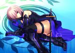  armor armored_boots black_footwear boots breasts fate/grand_order fate_(series) gloves hair_over_one_eye high_heel_boots high_heels large_breasts looking_at_viewer lying mash_kyrielight on_side pink_hair purple_eyes sample sen_(77nuvola) shiny shiny_skin short_hair smile solo thigh_strap 