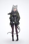  absurdres animal_ears assault_rifle bangs black_footwear boots cat_ears cat_girl cat_tail commentary_request deel_(rkeg) eyebrows_visible_through_hair fn_scar full_body gradient gradient_background green_jacket grey_background grey_eyes grey_hair gun hand_in_pocket highres holding holding_gun holding_weapon holster jacket light_blush long_hair long_sleeves looking_at_viewer original pantyhose purple_legwear rifle shirt solo standing tail weapon white_shirt 
