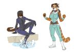  ailurid anthro bodysuit clothed clothing duo female leamur looking_at_viewer mammal mustelid otter red_panda simple_background sitting skinsuit standing tight_clothing white_background 