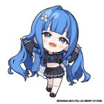  1girl arcana_(fortune_mate)_(nikke) arcana_(nikke) arms_up blue_bow blue_hair blue_neckerchief blunt_bangs blush bow bra bra_peek breasts character_name chibi commentary cropped_shirt english_commentary full_body goddess_of_victory:_nikke grabbing_own_hair hair_intakes hair_ornament highres holding_own_hair loafers long_hair long_sleeves looking_at_viewer medium_breasts miniskirt name_tag neckerchief no_nose official_art open_mouth pleated_skirt puffy_long_sleeves puffy_sleeves sailor_collar shoes skirt smile socks solo standing totatokeke underwear very_long_hair white_socks zipper_pull_tab 