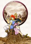  1boy 1girl back-to-back black_hair blue_tunic boots braid braided_ponytail brown_boots brown_hair brown_shoes dress fantasy flying_sweatdrops green_sash hand_up holding holding_staff holding_sword holding_weapon long_hair looking_up minami_juujisei original over_shoulder pants pink_dress red_eyes red_hair sash sheath sheathed shirt shoes short_hair single_braid sitting small_sweatdrop socks staff sword sword_over_shoulder town traditional_media tunic very_long_hair weapon weapon_over_shoulder white_pants white_shirt white_socks 