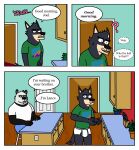 anthro bear black_text blue_bottomwear blue_clothing blue_pants bottomwear briefs canid canine clothed clothing comic dialogue duo eddicus electrical_outlet english_text facial_hair furniture giant_panda green_clothing green_shirt green_t-shirt green_topwear half-closed_eyes hi_res inside joel_(eddicus) kitchen kitchen_knives lance_(eddicus) male mammal monotone_briefs monotone_clothing monotone_underwear morning mustache narrowed_eyes open_mouth pants pantsless pantsless_anthro pantsless_male pink_text plant plant_pot potted_plant print_clothing print_shirt print_t-shirt print_topwear question_mark shirt sitting sound_effects speech_bubble stool stubble t-shirt teeth_showing text tighty_whities tongue_showing topwear underwear white_briefs white_clothing white_door white_shirt white_t-shirt white_topwear white_underwear