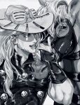  1boy animal beard beard_stubble cowboy_hat facial_hair goggles goggles_on_headwear grills gyro_zeppeli hat highres horse jojo_no_kimyou_na_bouken long_hair magichotspknife male_focus smile steel_ball_run stubble valkyrie_(jojo) 