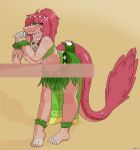  2026 absurd_res ankleband anthro arm_tattoo artist_name ashley_(volcaldera_ashfall) biped blush bra bracelet cavemanon_studios clothing colored dinosaur dromaeosaurid elbow_feathers eyebrow_through_hair eyebrows feathered_tail feathers feet female fingers foot_tattoo front_view full-length_portrait grass_skirt green_bra green_clothing green_eyes green_underwear hair hands_together hi_res humanoid_feet humanoid_hands hyuvevo jewelry leaning leaning_forward leaning_on_surface long_hair long_tail looking_at_viewer necklace plantigrade portrait pose prehistoric_species red_body red_feathers red_hair reptile saurischian scalie shaded shoulder_tattoo simple_background smile solo standing tail tan_body tattoo text theropod toes translucent translucent_hair underwear volcaldera_ashfall yellow_background 