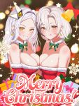 2girls :q absurdres astraea_stellis bare_shoulders bell belt black_belt blush bow bowtie box breasts cleavage commentary dress earrings fur-trimmed_dress fur_trim futoshi_95 gift gift_box green_bow green_bowtie hair_between_eyes highres indie_virtual_youtuber jewelry long_hair magcro_ravencroft merry_christmas multiple_girls neck_bell red_dress santa_costume santa_dress second-party_source short_hair smile snowflakes strapless strapless_dress tongue tongue_out virtual_youtuber white_hair yellow_eyes 