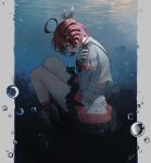  1girl absurdres ahoge air_bubble black_boots boots bow bubble closed_mouth commentary dio_dio drill_hair english_commentary grey_jacket grey_skirt hair_between_eyes hair_bow hair_ribbon highres jacket kasane_teto kasane_teto_(sv) long_sleeves red_eyes red_hair red_socks red_trim ribbon shoulder_belt skirt socks solo synthesizer_v twin_drills underwater utau water white_bow white_ribbon 