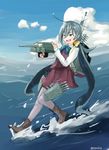  ahoge blue_bow blue_hair blue_neckwear boots bow bowtie ceroliz cloud cross-laced_footwear day dress grey_eyes grey_hair hair_between_eyes kantai_collection kiyoshimo_(kantai_collection) lace-up_boots long_hair low_twintails multicolored_hair ocean on_water one_eye_closed open_mouth outdoors pantyhose purple_legwear rigging shirt sky sleeveless sleeveless_dress solo thigh_strap torpedo_tubes turret twintails twitter_username very_long_hair white_shirt 