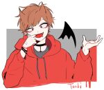  1boy androgynous animification antenna_hair bishounen blood bracelet brown_hair character_name choker cropped_shoulders cutout_eyelashes drawstring earrings eddsworld hair_behind_ear hair_ears hand_up hood hood_down hoodie jewelry kyonol long_sleeves looking_at_viewer male_focus open_mouth red_eyes red_hoodie sharp_teeth short_hair simple_background smile solo teeth third-party_source tord_(eddsworld) 