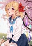  1girl alternate_costume blonde_hair blue_neckerchief blue_sailor_collar blue_skirt blush bow cherry_blossoms collarbone commentary_request contemporary crystal crystal_wings falling_petals flandre_scarlet hair_bow highres long_hair long_sleeves looking_at_viewer multicolored_wings neckerchief one_side_up outdoors petals pink_petals pointy_ears red_bow red_eyes sailor_collar school_uniform serafuku shironeruka shirt sitting skirt solo thighhighs touhou white_shirt white_thighhighs wings 
