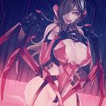  areolae armor artist_request bare_shoulders bikini_armor black_gloves breasts brown_hair cyborg elbow_gloves gloves large_breasts liquid long_hair looking_at_viewer md5_mismatch one_eye_covered open_mouth orange_eyes original ren_wei_pan solo standing sweat tongue tongue_out vampire 