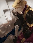  1girl armor blonde_hair cape closed_eyes elbow_gloves feesh female_my_unit_(fire_emblem_if) fire_emblem fire_emblem_if gloves hetero hug kiss long_hair mamkute marks_(fire_emblem_if) my_unit_(fire_emblem_if) pointy_ears red_eyes 
