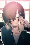  2boys adam's_apple backlighting bishounen black_hair black_jacket bleeding blood bloom blush breath buttons clenched_teeth closed_eyes collarbone crew_neck crossed_bangs desk eyes_visible_through_hair fingernails furrowed_brow gakuran hair_behind_ear hair_between_eyes hair_over_one_eye highres indoors jacket male_focus multiple_boys original out_of_frame partially_unbuttoned photo_background piercing_(action) rejoys school school_desk school_uniform shirt solo solo_focus straight-on teeth upper_body white_shirt window 