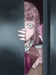  1girl absurdres cellphone closed_mouth commentary derivative_work doorway green_eyes half_updo highres holding holding_phone horror_(theme) love_live! love_live!_nijigasaki_high_school_idol_club phone pink_hair piririi pov_doorway sanpaku smartphone solo staring uehara_ayumu walking_dream yandere 