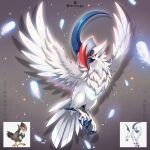  absol bird claws english_commentary feathered_wings feathers fusion highres horns leoiruga no_humans official_art_inset pokemon pokemon_(creature) pokemon_focus red_eyes single_horn solo staraptor twitter_username wings 