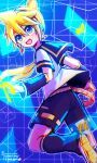  1boy :d ahoge bass_clef belt black_sailor_collar black_shorts blonde_hair blue_background blue_eyes blush detached_sleeves double-parted_bangs foot_out_of_frame from_side hair_between_eyes headphones highres kagamine_len leg_warmers looking_at_viewer male_focus musical_note open_mouth ponytail sailor_collar shirt shoes shootingstareon short_hair short_sleeves shorts sidelocks sixteenth_note sketch smile solo standing standing_on_one_leg teeth turning_head upper_teeth_only vocaloid white_shirt white_shoes 
