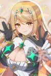  1girl \||/ anniversary blonde_hair breasts chest_jewel cleavage cleavage_cutout closed_mouth clothing_cutout commentary confetti core_crystal_(xenoblade) dated_commentary dress elbow_gloves glint gloves hands_up highres large_breasts light_blush long_hair looking_at_viewer mythra_(xenoblade) open_hand smile solo star_(symbol) tiara upper_body w white_dress white_gloves xenoblade_chronicles_(series) xenoblade_chronicles_2 yellow_eyes zer00han 