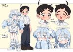  1boy 1girl :d :i ahoge apron arrow_(symbol) belt belt_buckle black_belt black_hair blue_eyes blue_hair blue_jacket blue_shoes blush brown_eyes brown_shoes buckle closed_eyes closed_mouth collared_shirt double_bun dress_shirt eyepatch fang feathered_wings frilled_apron frills grey_pants hair_bun hair_ornament halo heart heart_hair_ornament jacket jersey_maid loafers long_sleeves loose_socks maid medical_eyepatch miharu_(wolrero) mole mole_under_eye multiple_views nichijou_kamoshirenai open_mouth pants pleading_eyes pout puffy_long_sleeves puffy_sleeves rabbit_hair_ornament shirt shoes short_eyebrows sleeves_past_fingers sleeves_past_wrists smile socks sora_(wolrero) striped_clothes striped_socks thick_eyebrows track_jacket translation_request unconventional_maid white_apron white_shirt white_wings wings wolrero 