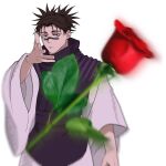 1boy black_hair choso_(jujutsu_kaisen) flower foreshortening highres japanese_clothes jujutsu_kaisen kimono long_sleeves looking_at_viewer loose_clothes mark_under_eye meme outstretched_hand red_eyes red_flower rose simple_background solo spiked_hair throwing white_background woe_plague_be_upon_ye_(meme) 