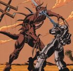 absurd_res armor blood blood_splatter blood_spray bodily_fluids brain_damage brotherhood_of_steel_(fallout) claws cloud comic_style death deathclaw desert digitigrade electricity f3lla fallout feral fight futuristic_armor futuristic_gun gauss_rifle gore hi_res horn killing machine male microsoft motion_blur mountain muscular muscular_feral perforating_wound power_armor scalie sharp_teeth shooting shot_in_head t-45_power_armor teeth utility_pole violence wasteland