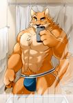  4_fingers abs absurd_res anthro bathroom biceps big_muscles black_nose blue_eyes brown_fur bulge canine cellphone chest_tuft claws clothed clothing digital_media_(artwork) dog front_view fur hi_res iphone jockstrap male mammal muscular muscular_male otake pecs phone pubes selfie solo standing takemoto_arashi topless tuft underwear 